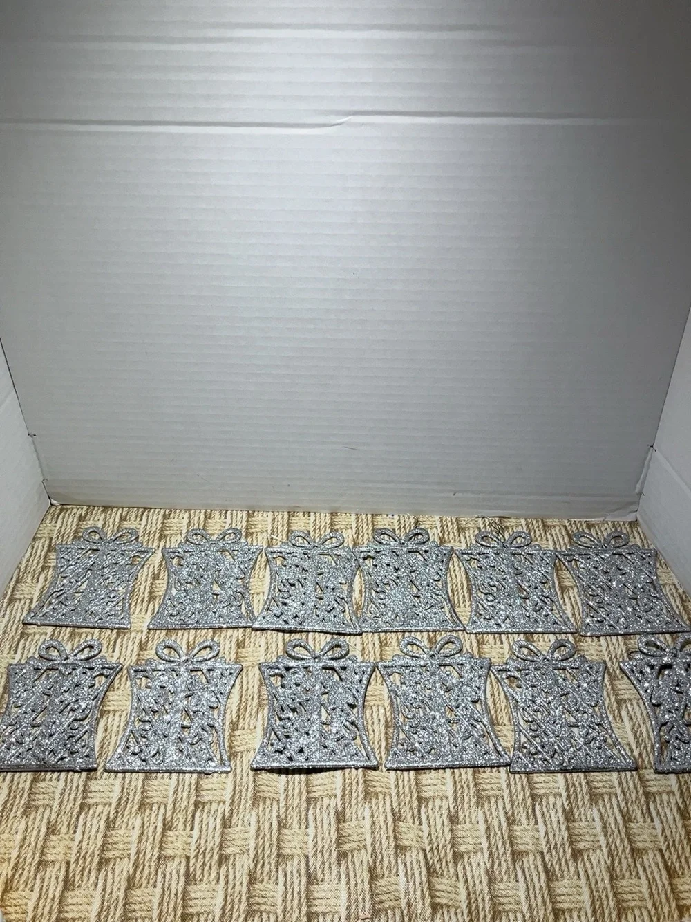 Lot of 12 Silver Glitter Gift Box Christmas Ornaments Reindeer Holiday Decor